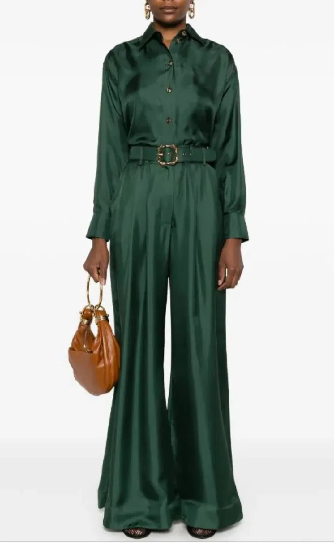 Zimmermann SET Pavilion Relaxed Silk Shirt and Wide Leg Pants Set in Pine Green Size 0 / AU 8 for rent on The Volte - main image