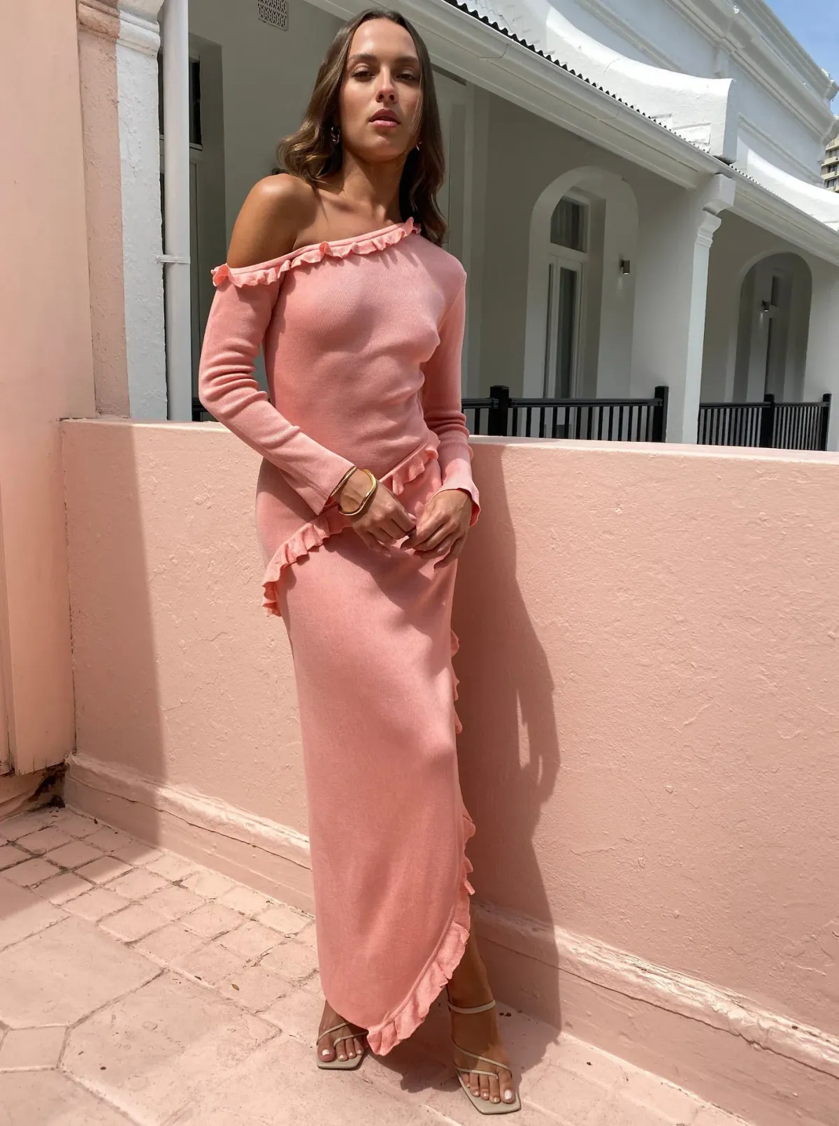 Issy Off Shoulder Ruffle Maxi Dress In Pink Size 12 for rent on The Volte - main image
