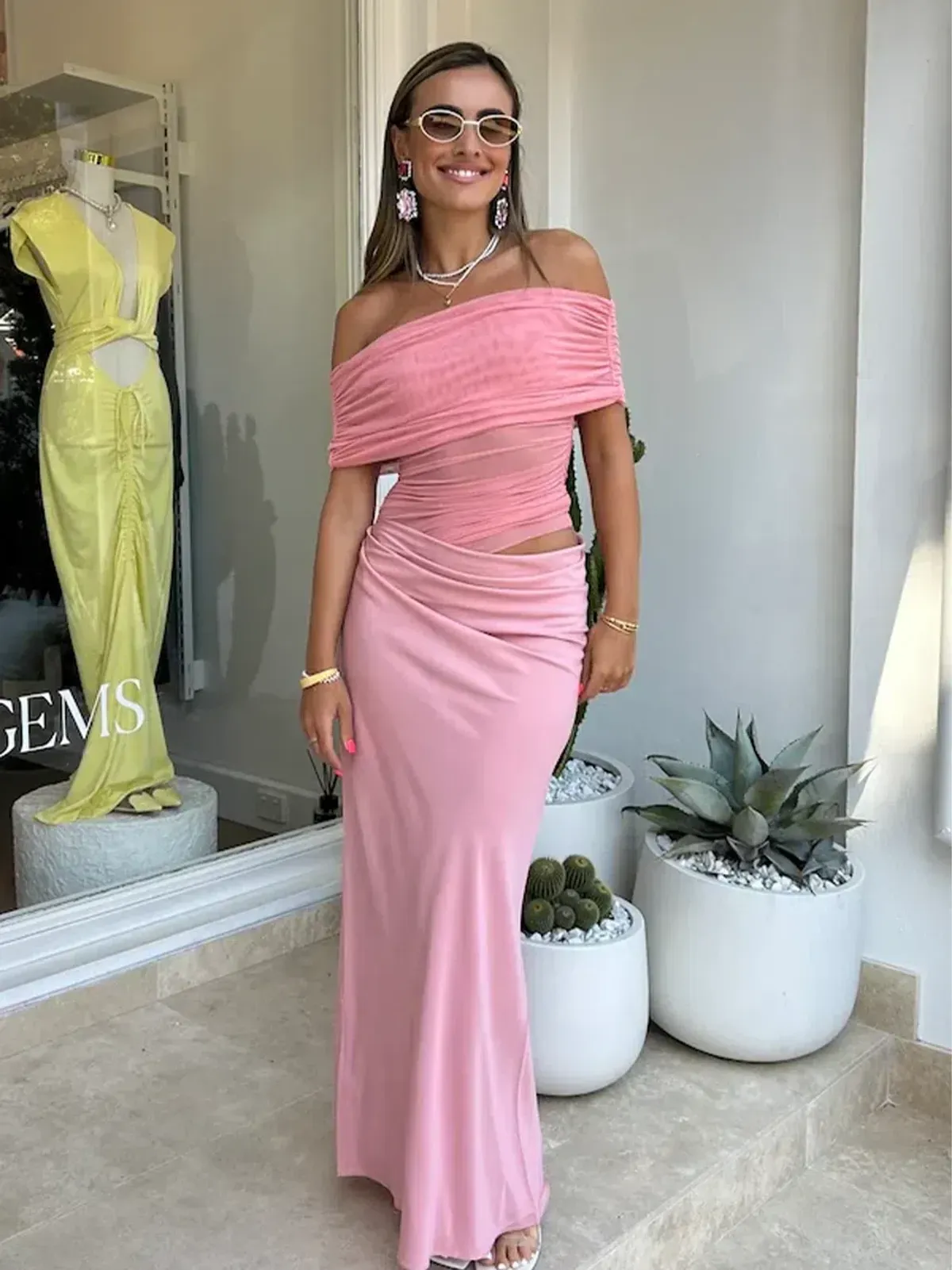 Benni Nico Off Shoulder Maxi Dress Candy Floss Size 8 for rent on The Volte - main image