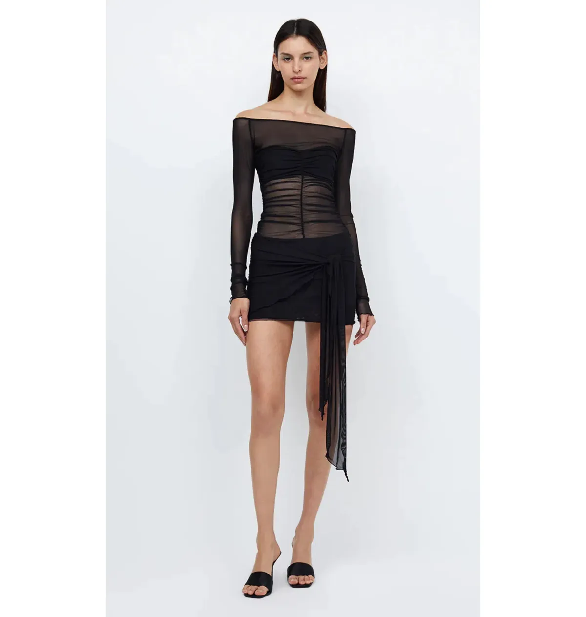 Bec & Bridge Marina Semi-Sheer Stretch Mini Dress Black Size AU 6 for rent on The Volte - main image