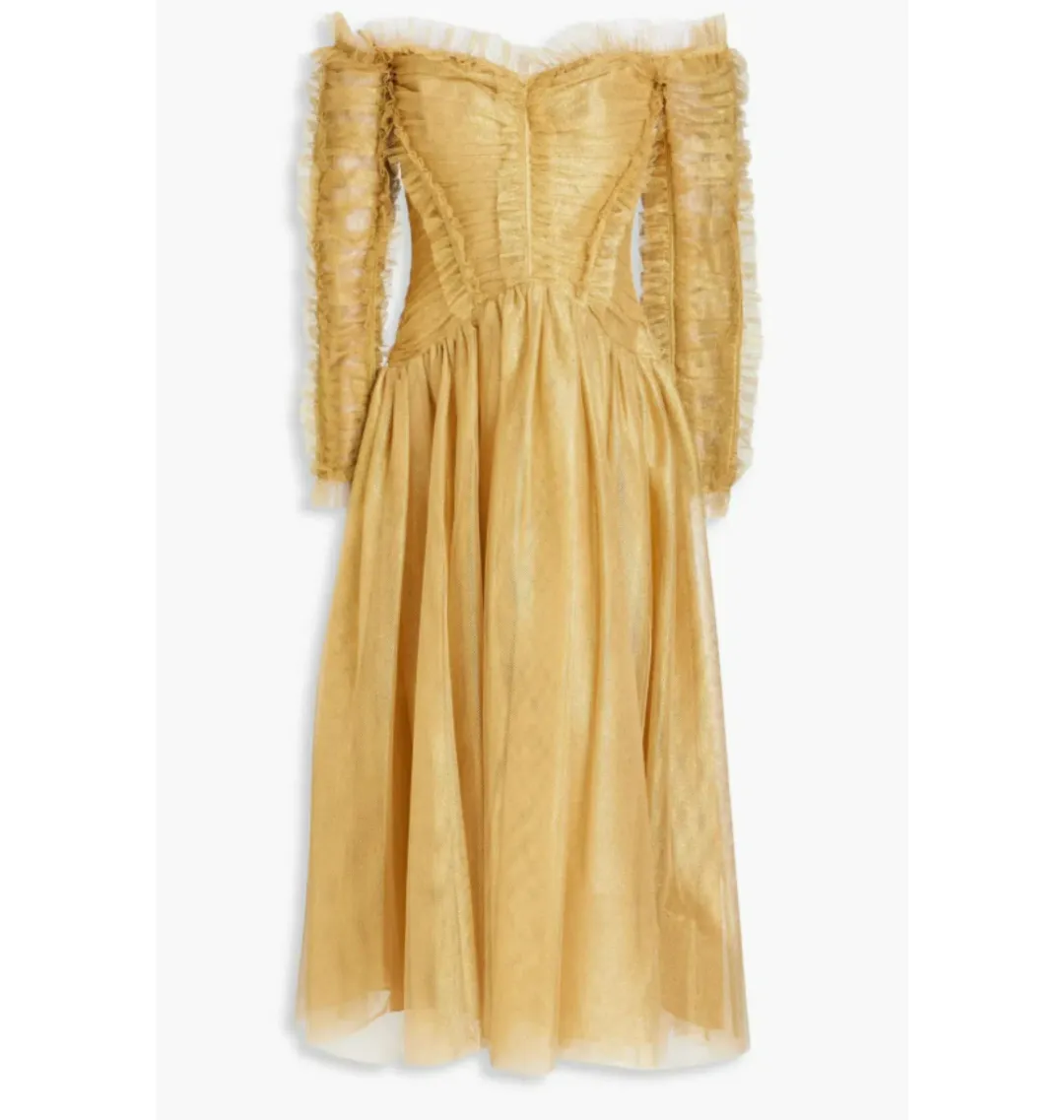 Zimmermann Prima Off Shoulder Dress Gold Size 1 / AU 10 for rent on The Volte - main image