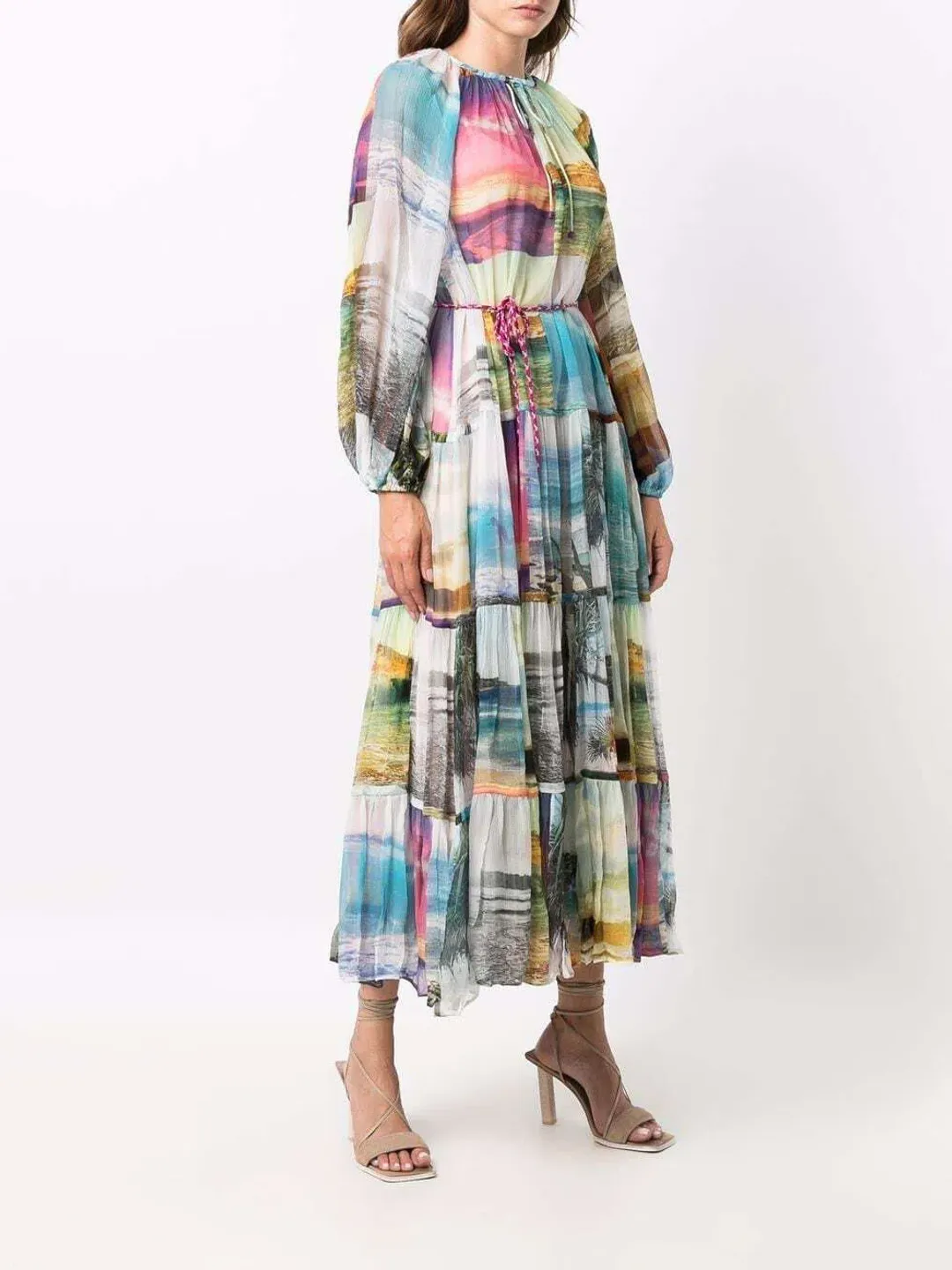 Zimmermann Shelly Tiered Tie Midi Dress Patched Posters Size 0 / AU 8 for rent on The Volte - main image