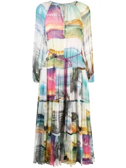 Zimmermann Shelly Tiered Tie Midi Dress Patched Posters Size 0 / AU 8 for rent on The Volte - image 4