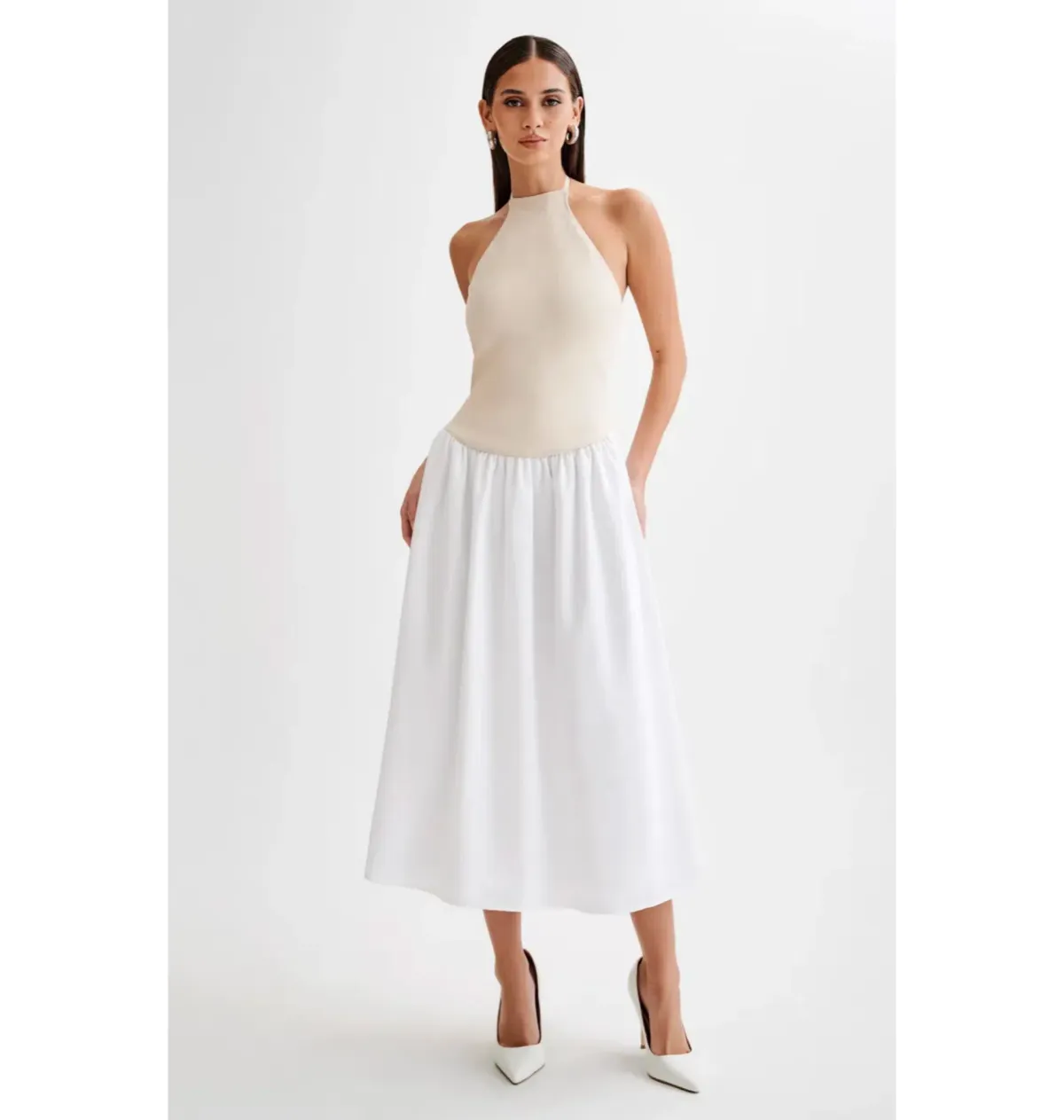 Meshki Katie Knit Linen and Midi Dress Natural/White Size XS / AU 6 for rent on The Volte - main image
