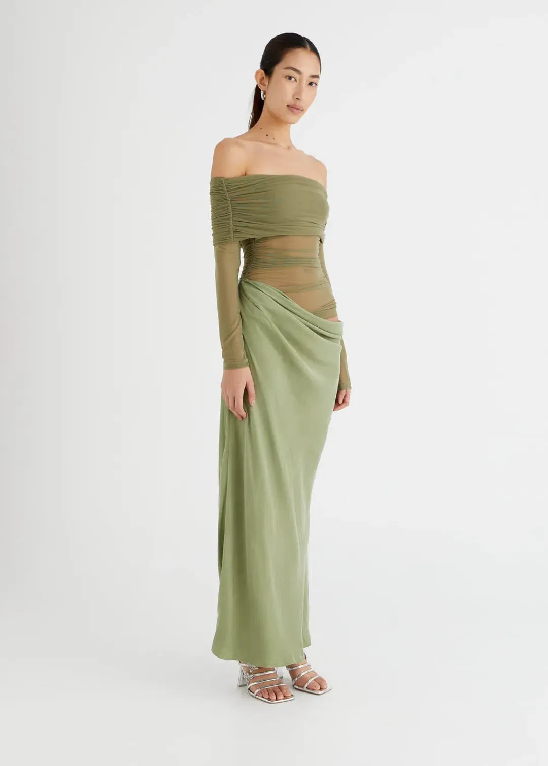 Benni Yasmin Off-Shoulder Maxi Dress Green Size 6 for rent on The Volte - main image