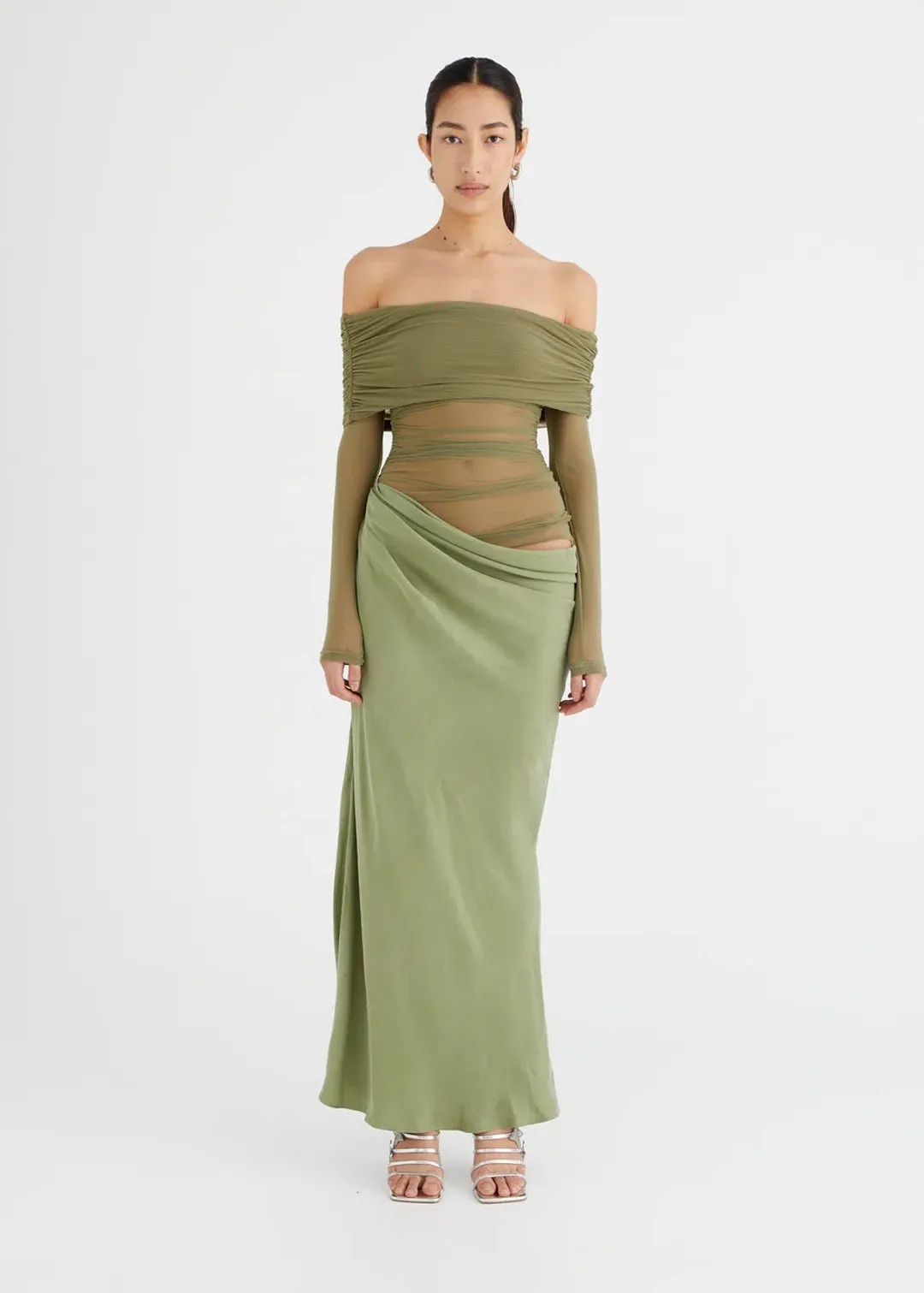Benni Yasmin Off-Shoulder Maxi Dress Green Size 6 for rent on The Volte - main image