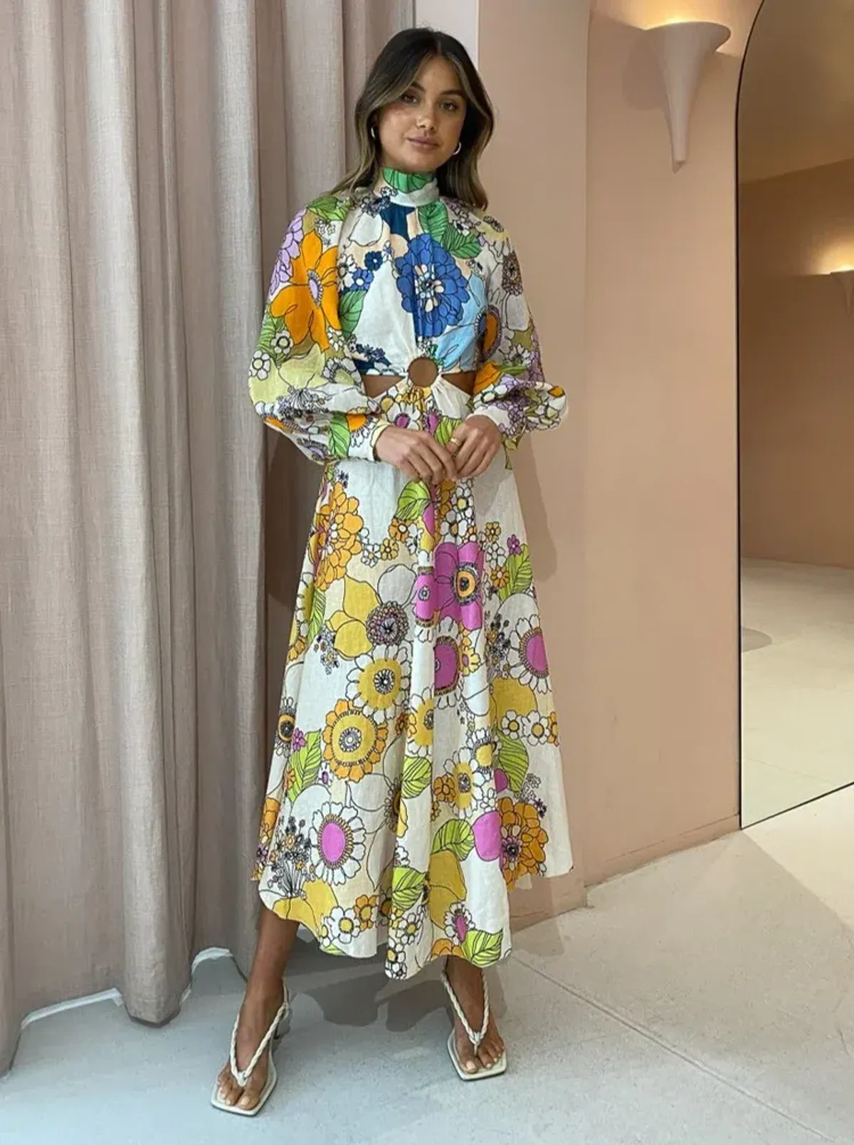 Alemais Farrah Cut Out Midi Dress Floral Size 8 - Image 4