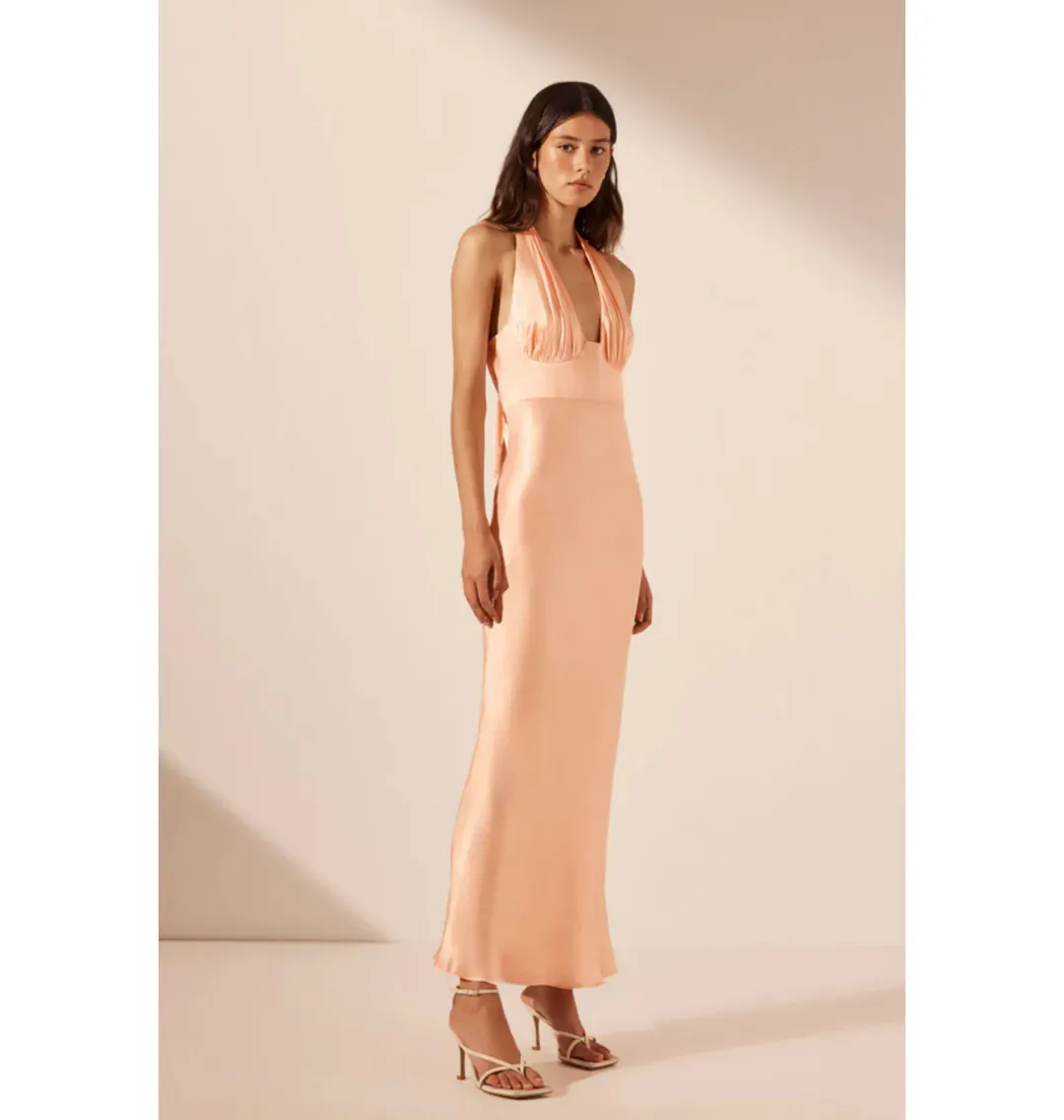 Shona Joy Plunged Halter Midi Dress Peach Size AU 10 for rent on The Volte - main image