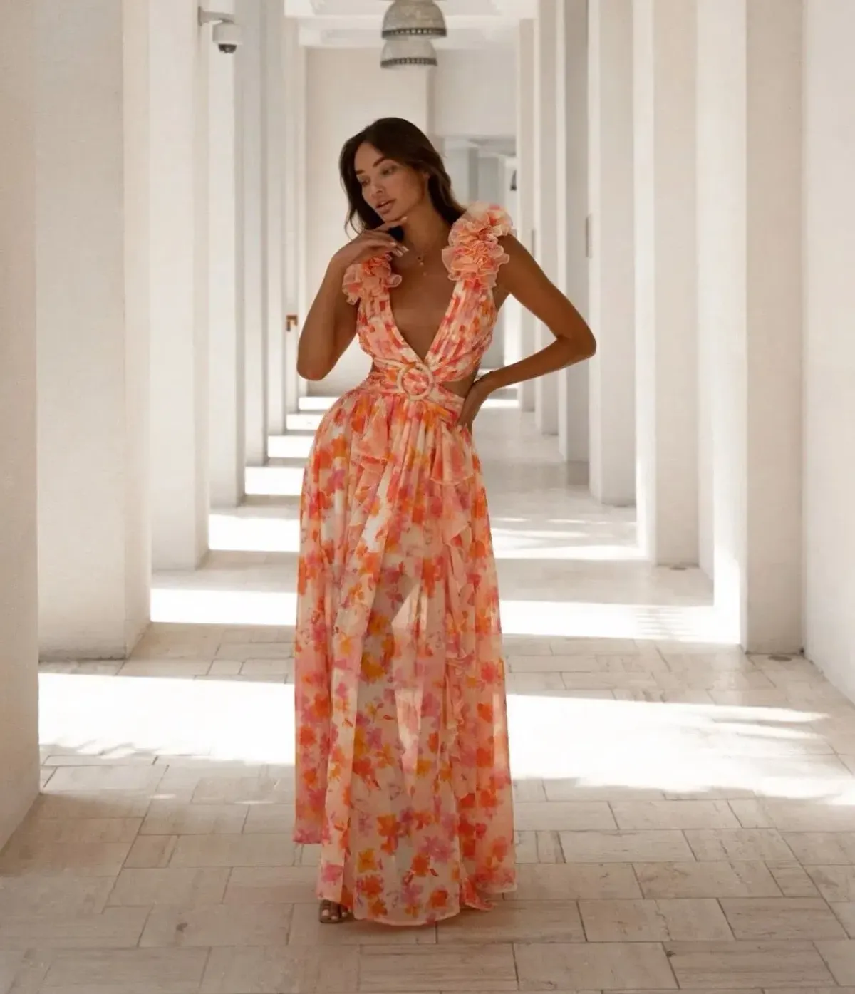 Anne Louise Boutique Floral Maxi Dress Orange Fuchsia Size XS / AU 6 for rent on The Volte - main image
