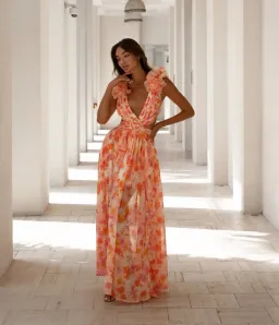 Anne Louise Boutique Floral Maxi Dress Orange Fuchsia Size XS / AU 6 for rent on The Volte - image 1