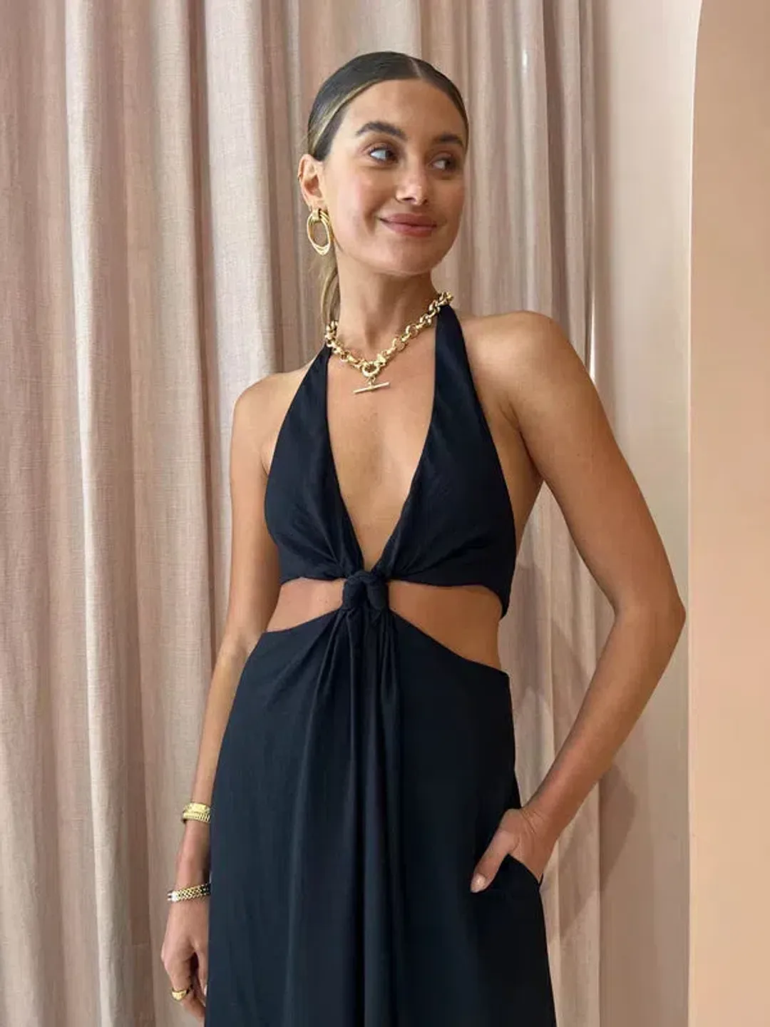 Camilla and Marc Prado Cut Out Evening Halter Maxi Dress in Black Size 6 for rent on The Volte - main image