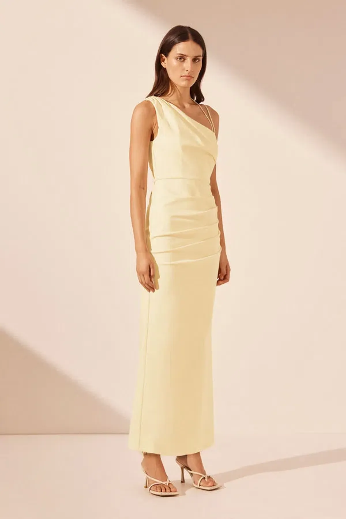 Shona Joy Lani Asymmetrical Gathered Midi Dress in Vanilla Size AU 6 - Image 2