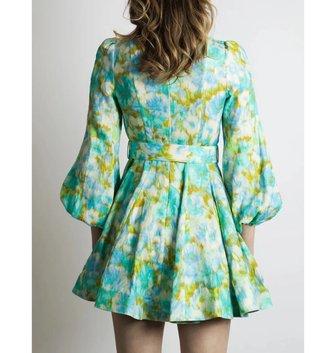 Zimmermann High Tide Mini Dress Aqua Ikat Floral Size 3 / AU 14 for rent on The Volte - main image