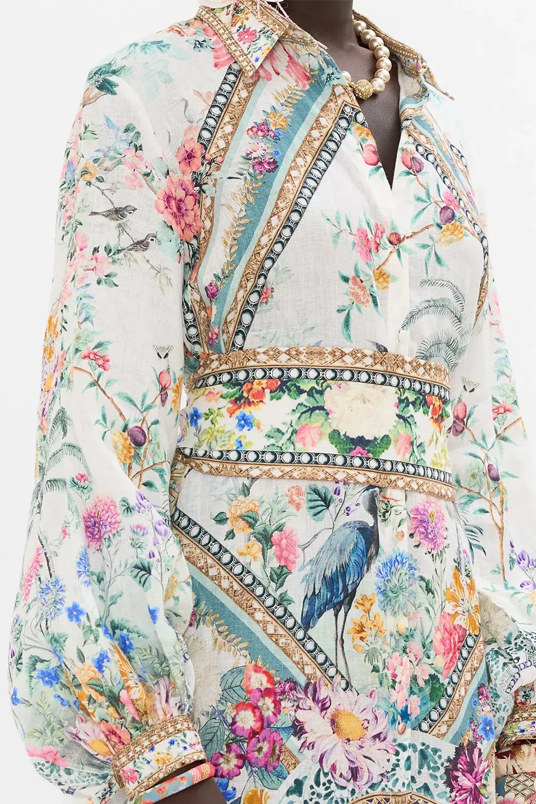 Camilla High Low Midi Linen Shirt Dress Plumes and Parterres Size AU 14 for rent on The Volte - main image