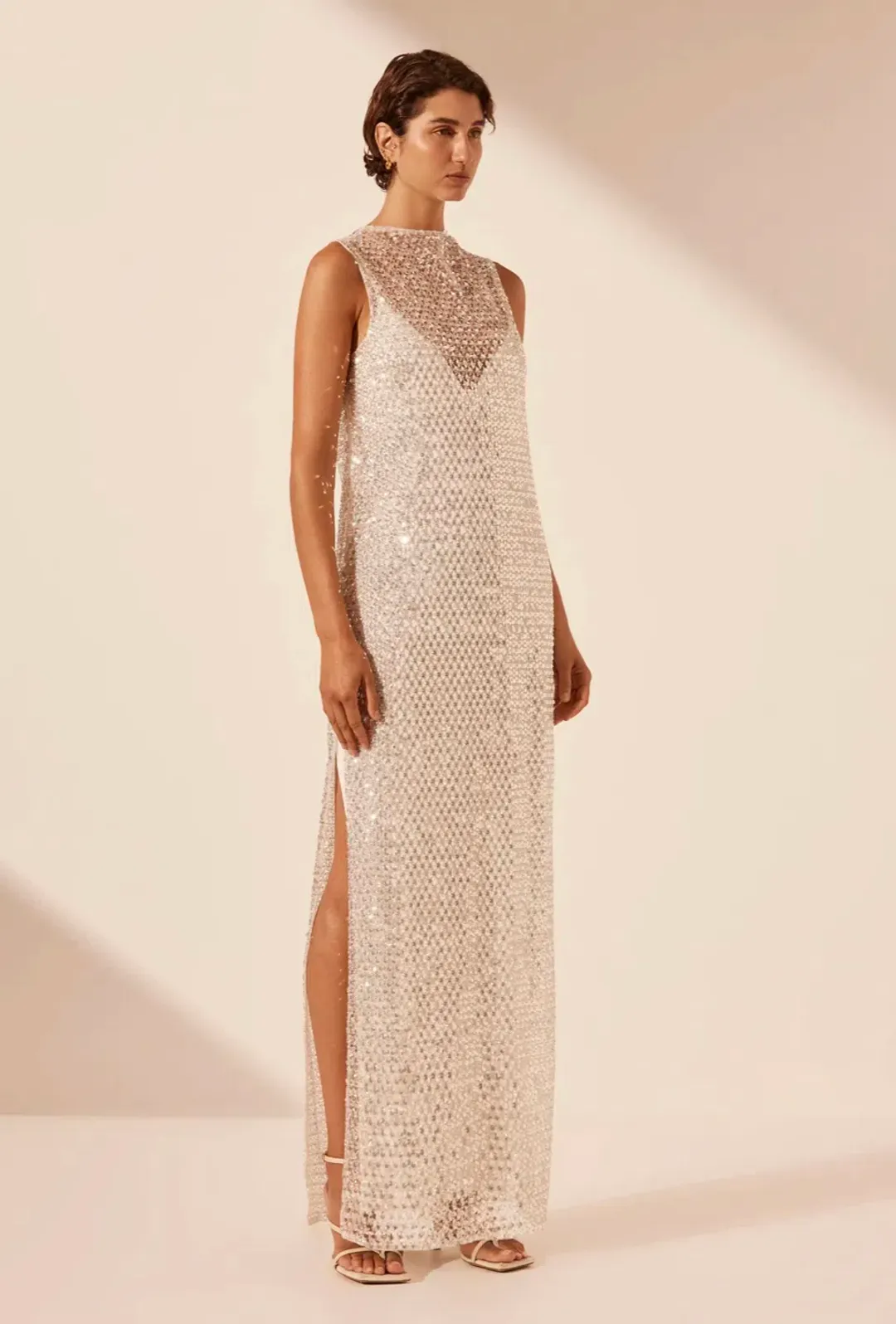 Shona Joy Asteri High Neck Maxi Dress Silver Size 10 for rent on The Volte - main image