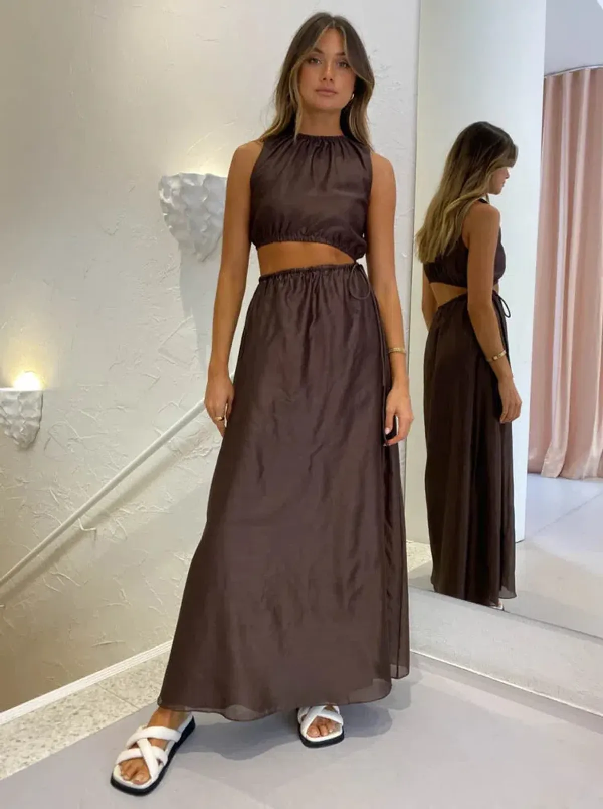 Sir The Label Anje Asymmetrical Cut Out Dress In Chocolate Size 1 / AU 8 - Image 1