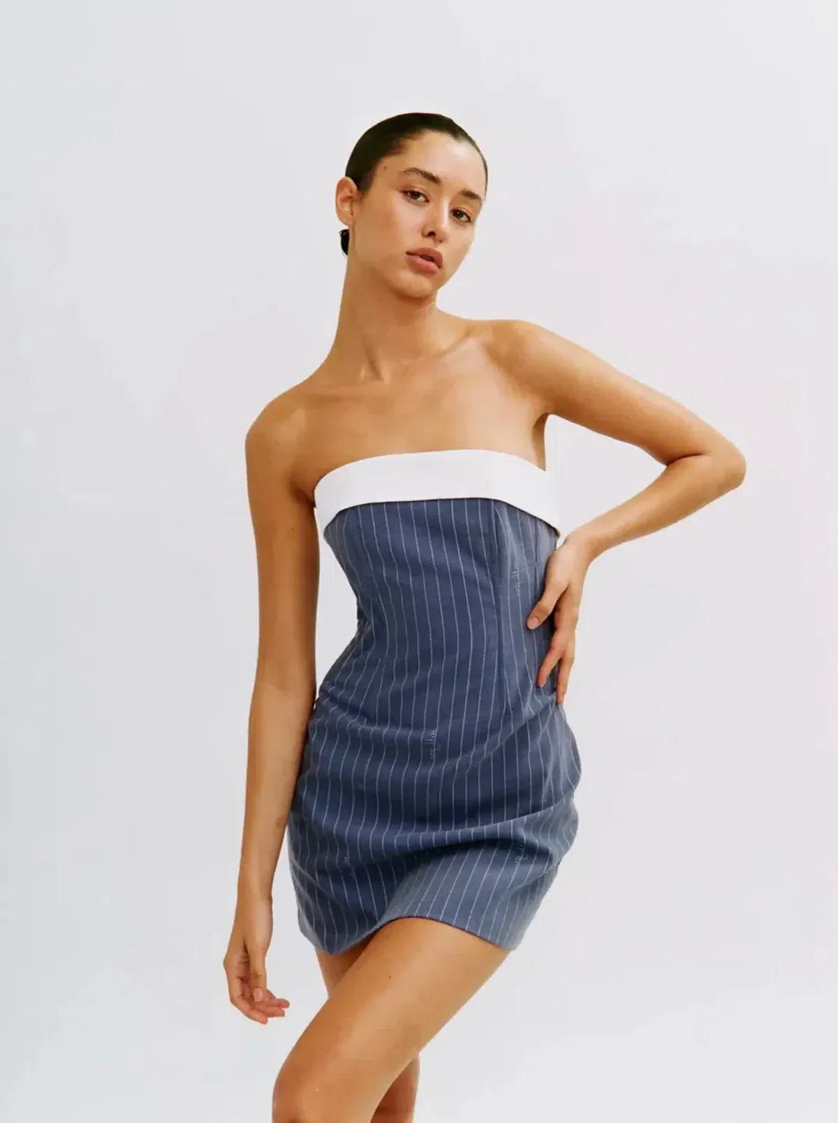 With Jéan Chloe Corset Mini Dress Pinstripe Blue Size M - Image 1