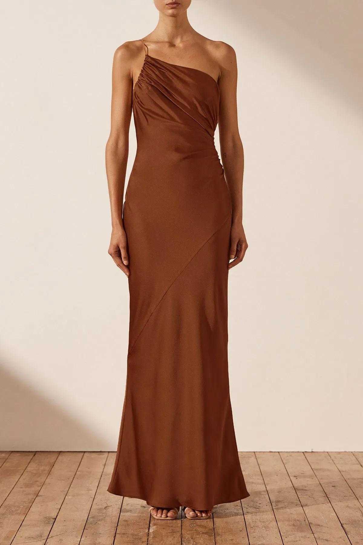 Shona Joy Luxe Asymmetrical Gathered Maxi Dress in Mocha Size 8 - Image 1
