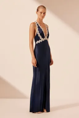 Shona Joy Camille Lace Cross Back Split Maxi Dress Midnight/Ivory Size 12 for rent on The Volte - image 2