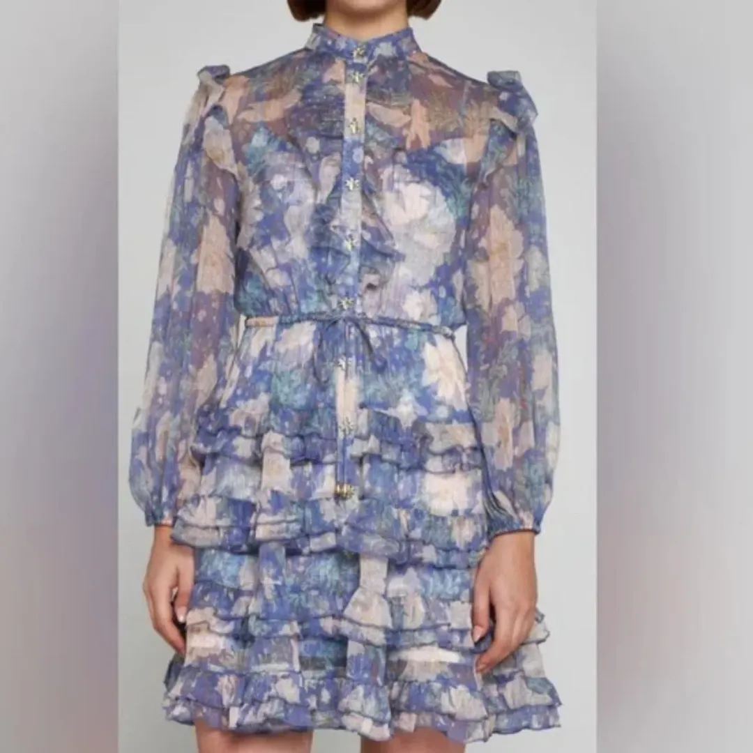 Zimmermann Cosmic Mini Scallop Dress Mist Floral Blue Size 2 / AU 12 for rent on The Volte - main image