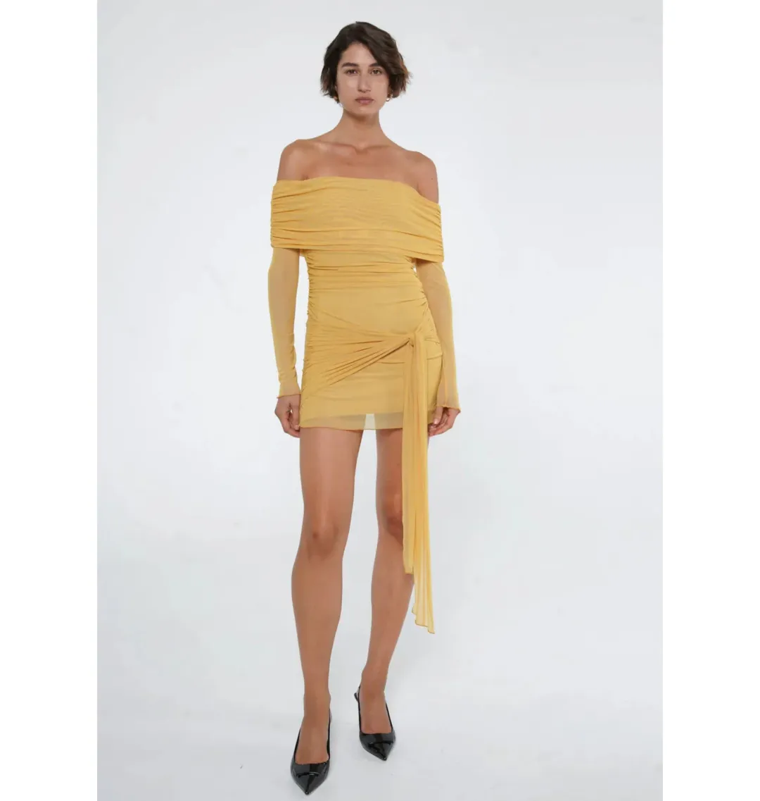 Benni Yasmin Off Shoulder Mini Dress Mustard Size AU 10 for rent on The Volte - main image