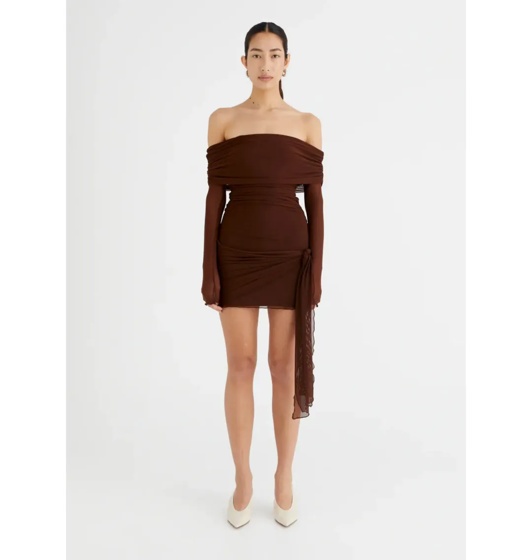 Benni Yasmin Off Shoulder Mini Dress Cacao Size AU 8 for rent on The Volte - main image
