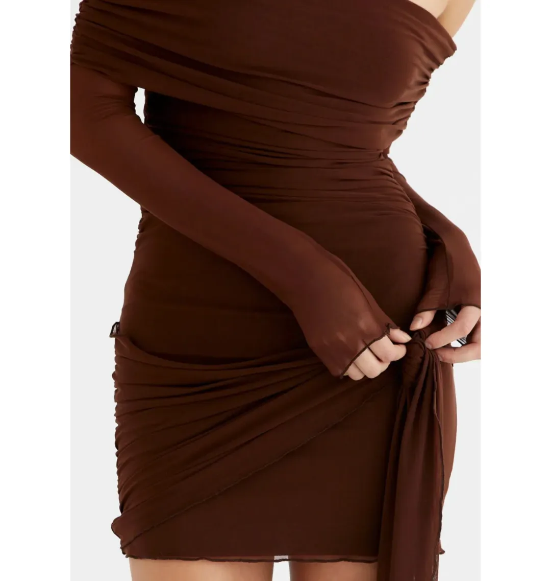 Benni Yasmin Off Shoulder Mini Dress Cacao Size AU 8 for rent on The Volte - main image