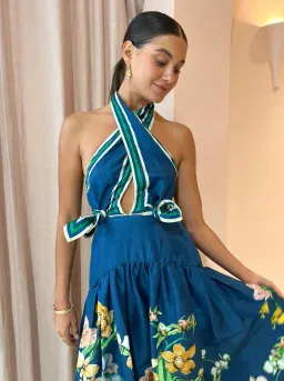 Alemais Lyla Halter Midi Dress Navy Floral Size AU 6 for rent on The Volte - image 2