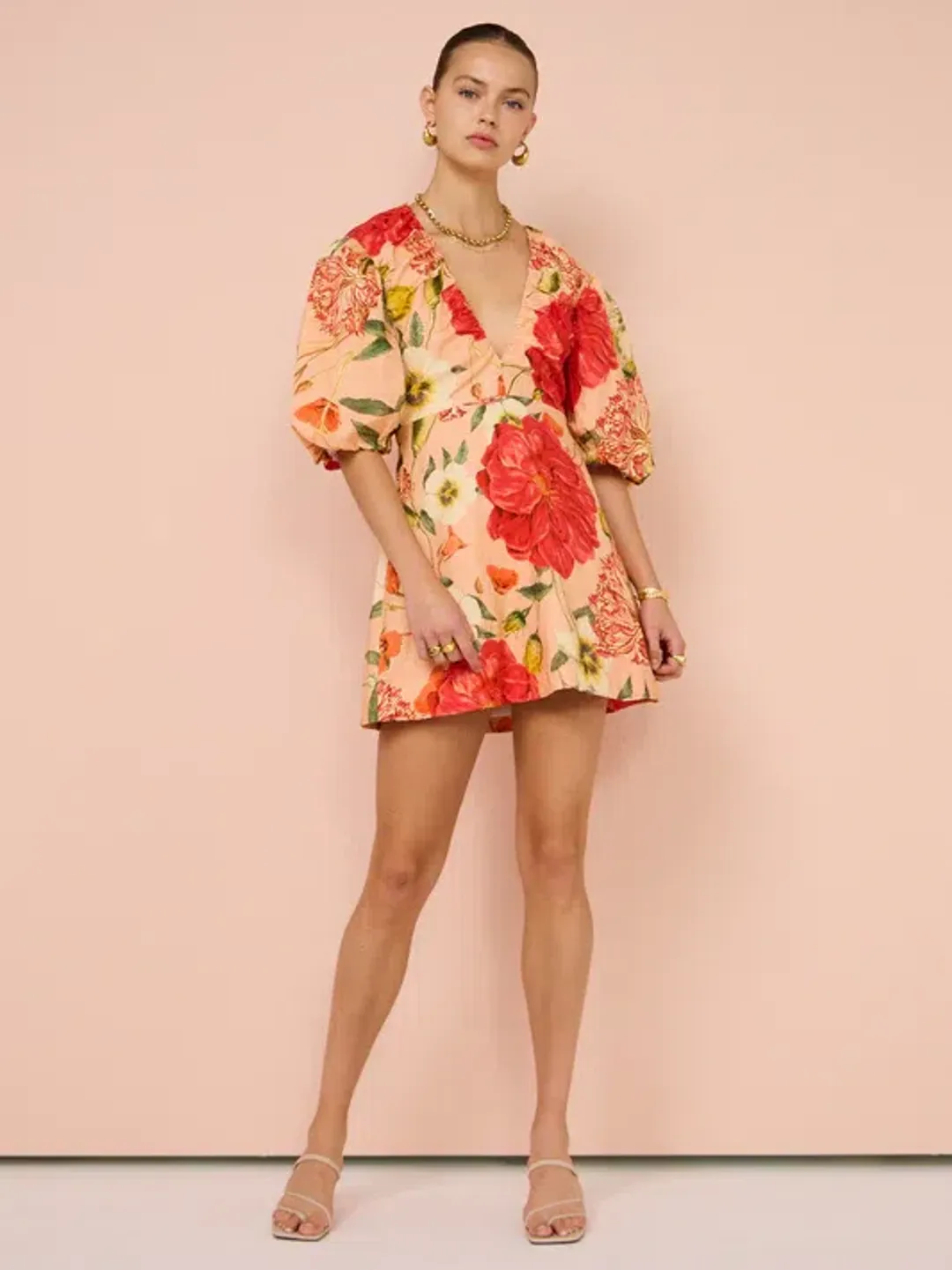 By Nicola Bolero Gathered Mini Dress in Raspberry Punch Floral Size AU 8 for rent on The Volte - main image