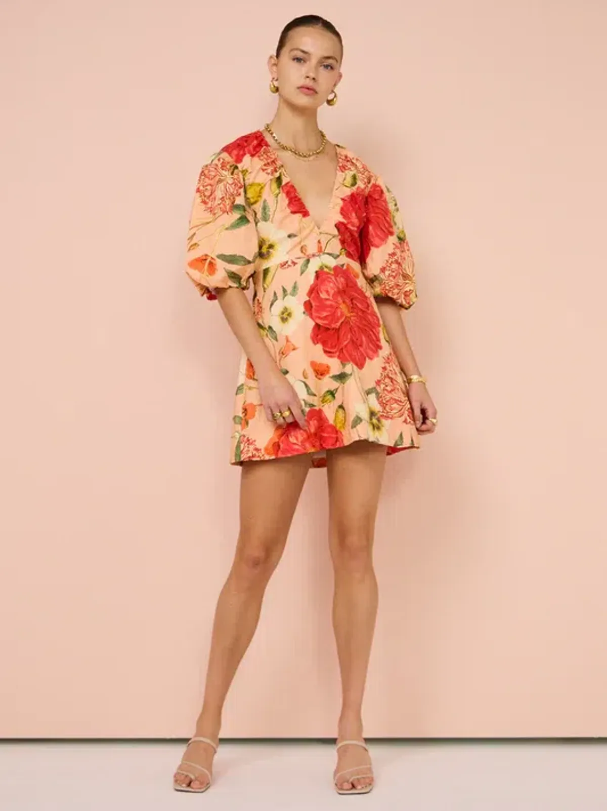 By Nicola Bolero Gathered Mini Dress in Raspberry Punch Floral Size AU 8 for rent on The Volte - main image