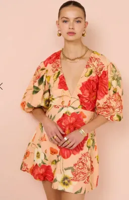 By Nicola Bolero Gathered Mini Dress in Raspberry Punch Floral Size AU 8 for rent on The Volte - image 2