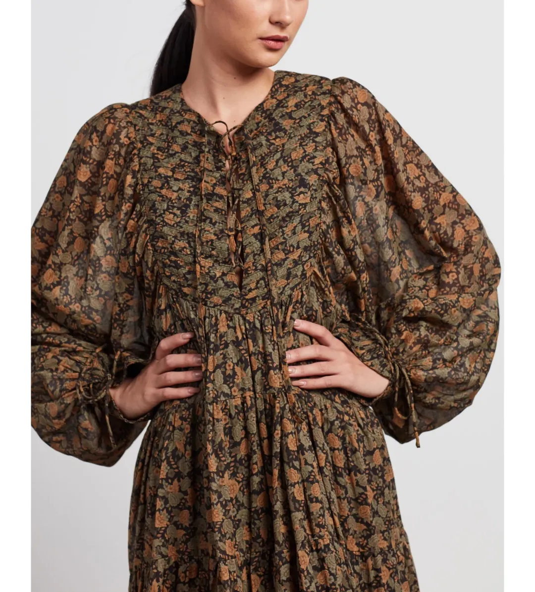 Shona Joy Francine Pin Tuck Balloon Sleeve Midi Dress Print Size 12 for rent on The Volte - main image