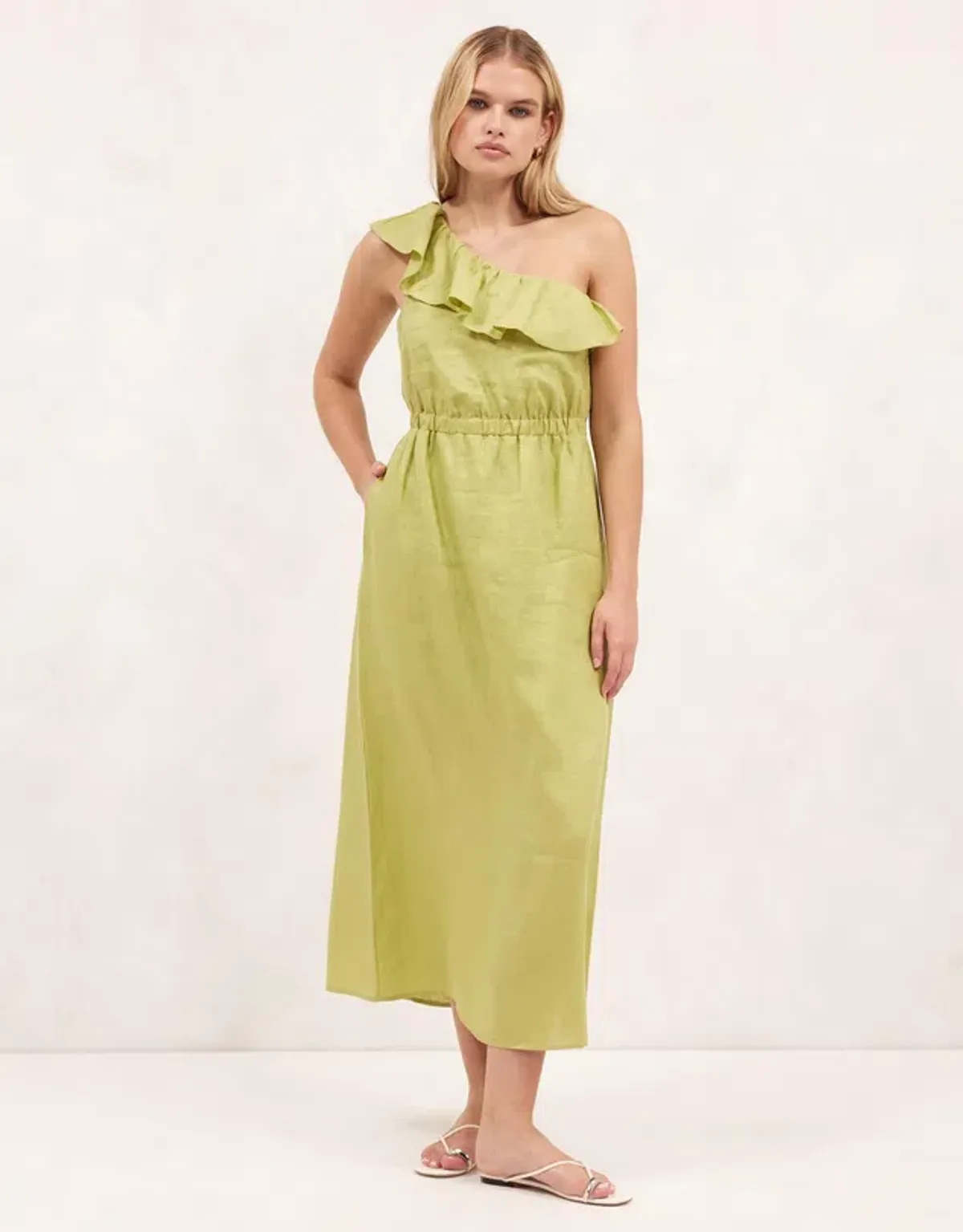 Aere Linen One Shoulder Midi Dress Bay Leaf Green Size 8 - Image 5