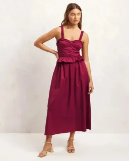 Aere Organic Cotton Peplum Midi Dress Black Cherry Size 8 for rent on The Volte - image 1