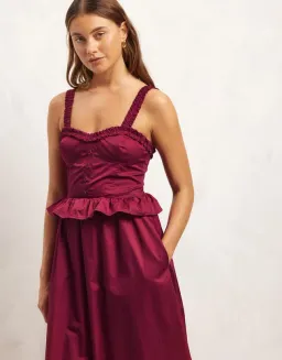 Aere Organic Cotton Peplum Midi Dress Black Cherry Size 8 for rent on The Volte - image 2