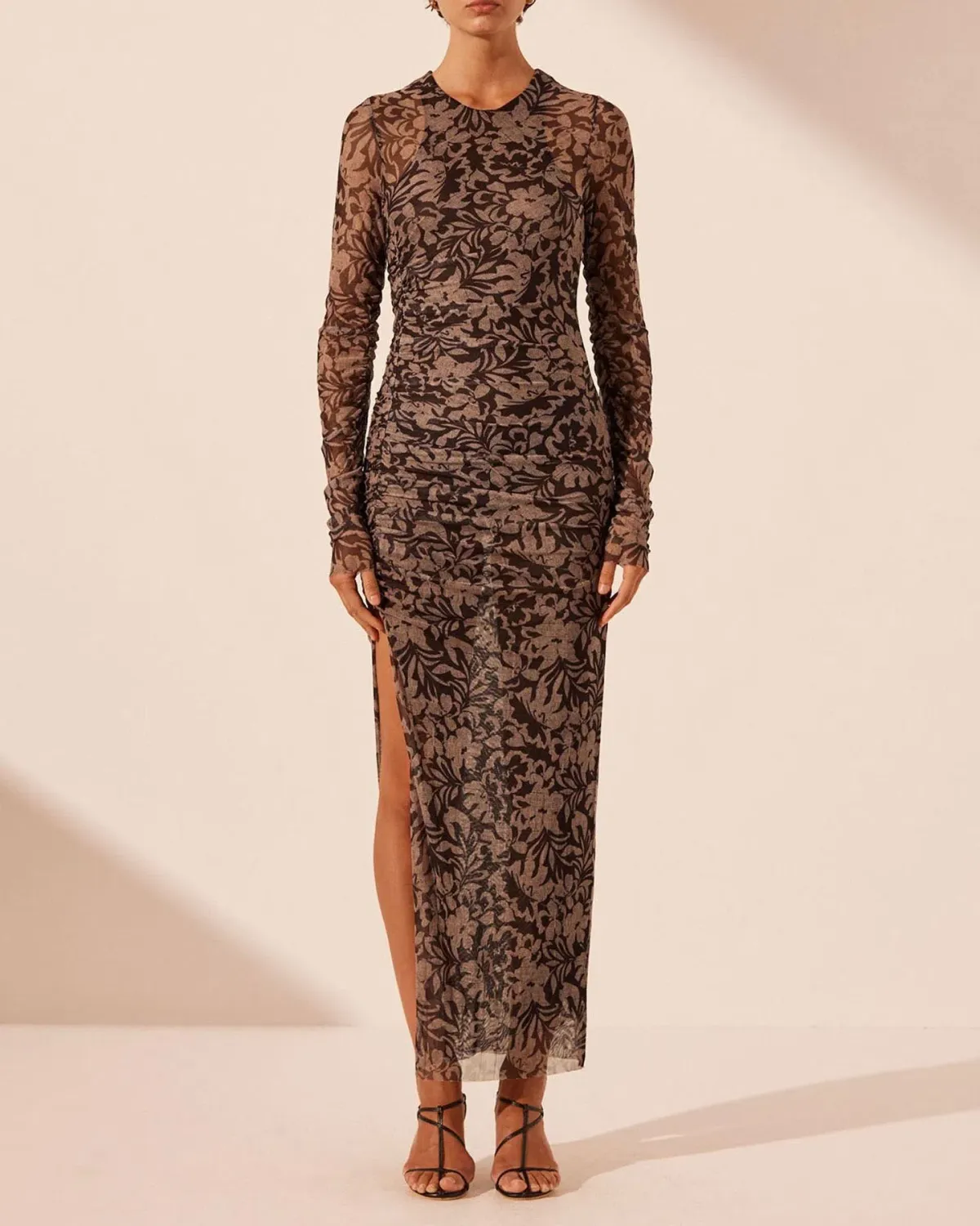 Shona Joy Zoe Long Sleeve Gathered Midi Dress Black/Sand Floral Print Size L / AU 12 - Image 2
