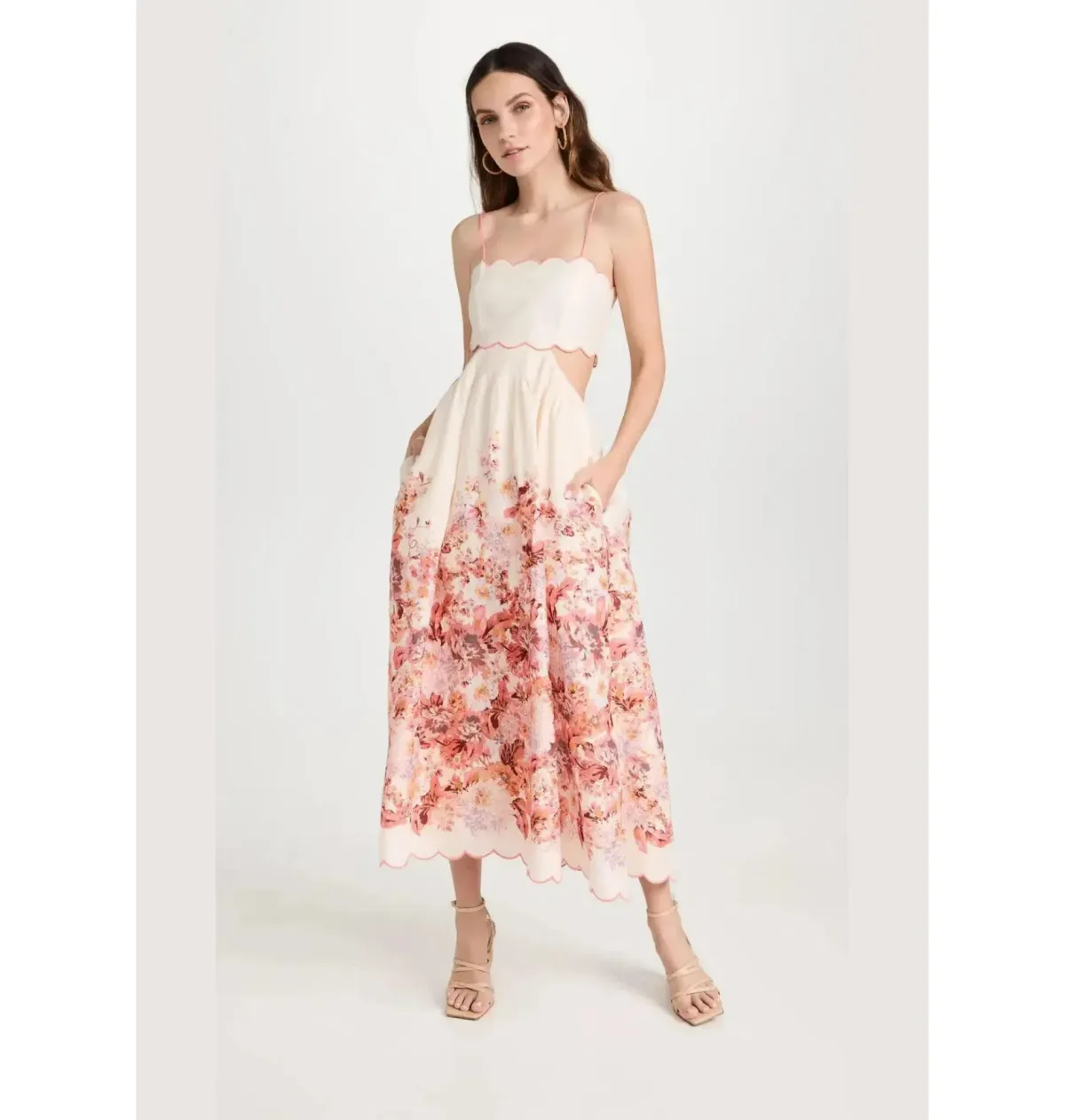 Zimmermann Devi Scallop Midi Dress In Cream Floral Size 0 / AU 8 for rent on The Volte - main image
