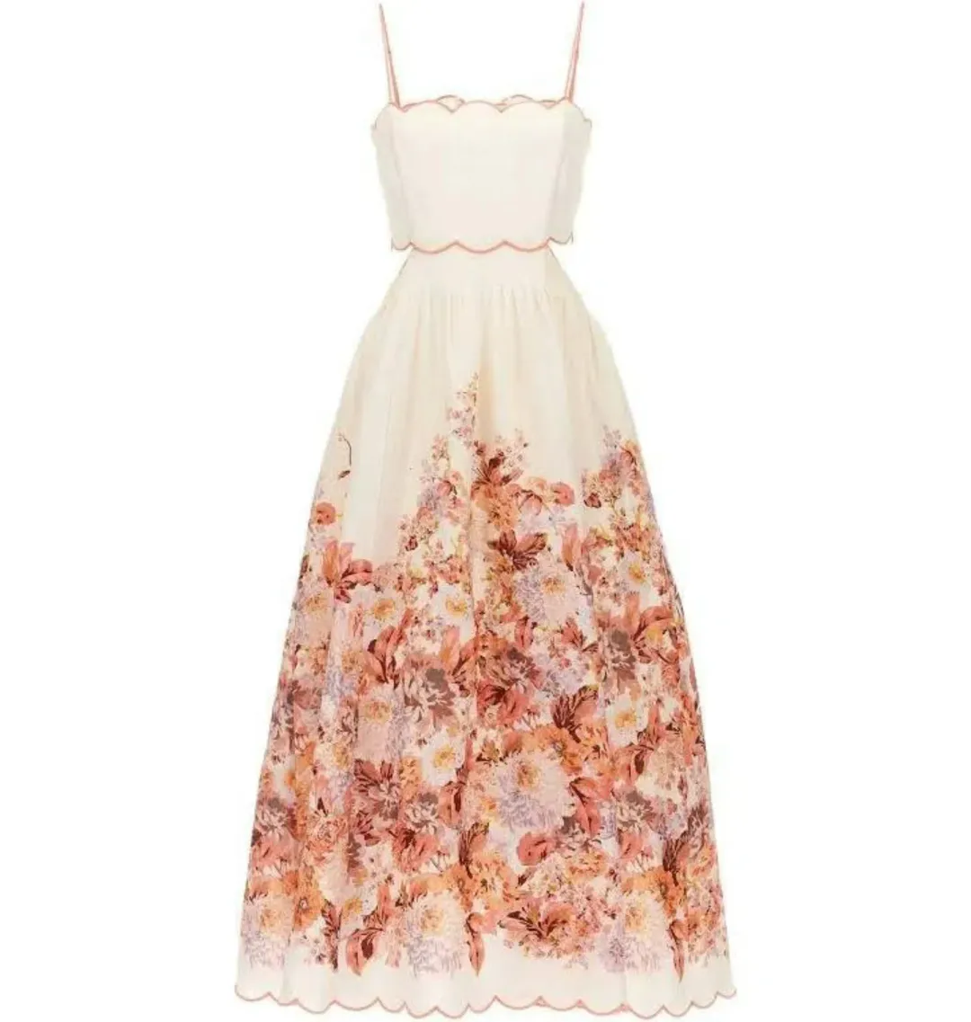 Zimmermann Devi Scallop Midi Dress In Cream Floral Size 0 / AU 8 for rent on The Volte - main image