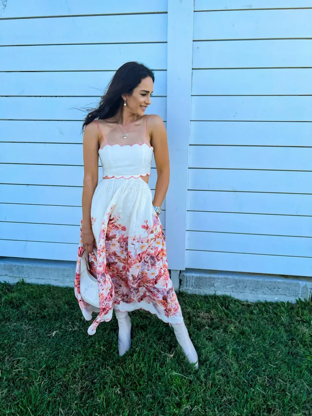 Zimmermann Devi Scallop Midi Dress In Cream Floral Size 0 / AU 8 for rent on The Volte - main image