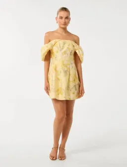 Forever New Jacquie Off Shoulder Mini Dress Gold Layla Botanical Size AU 12 for rent on The Volte - image 1
