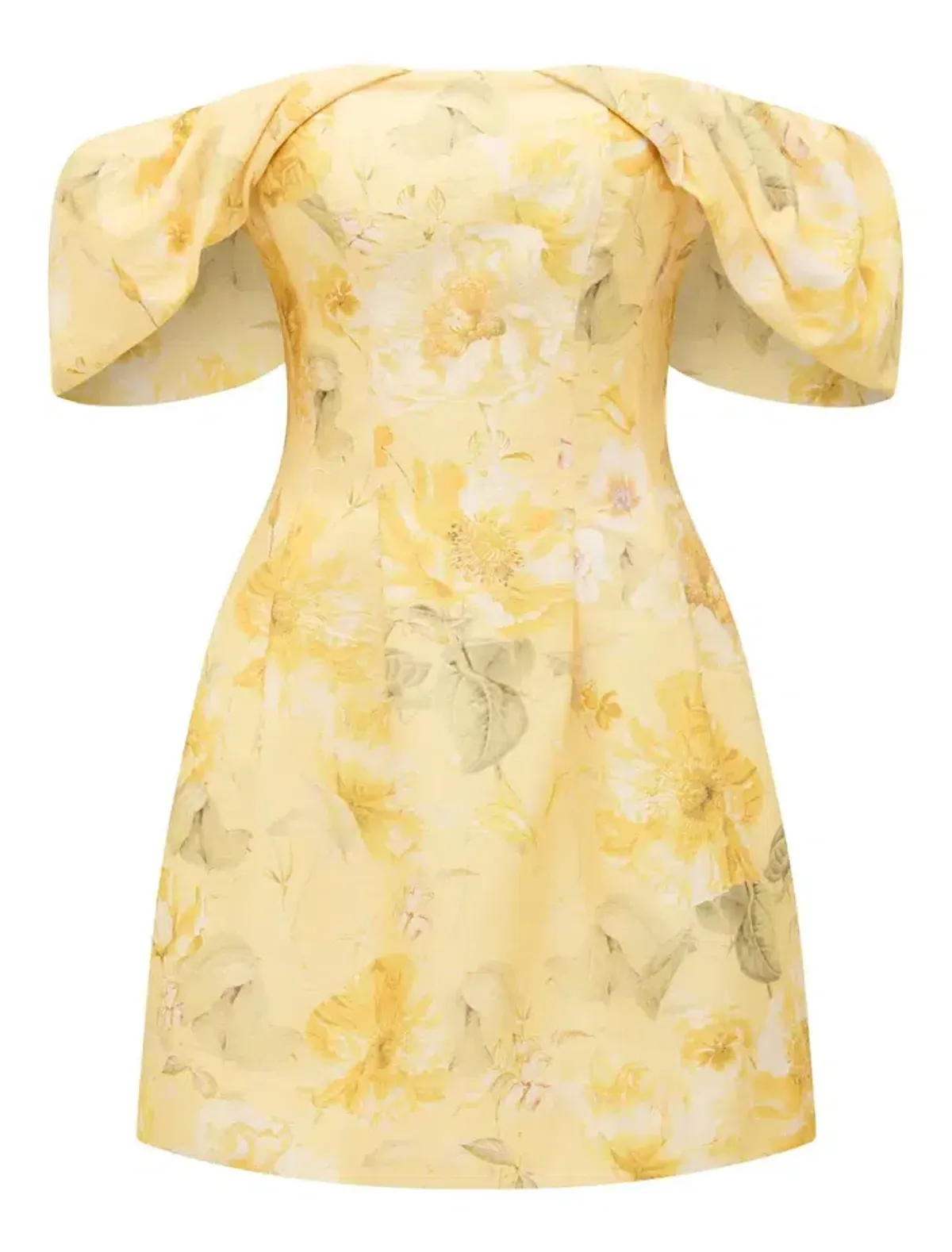Forever New Jacquie Off Shoulder Mini Dress Gold Layla Botanical Size AU 12 - Image 3