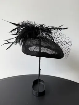 Morgan and Taylor Straw Beret Millinery with Feathers and Veil Black One Size for rent on The Volte - image 4