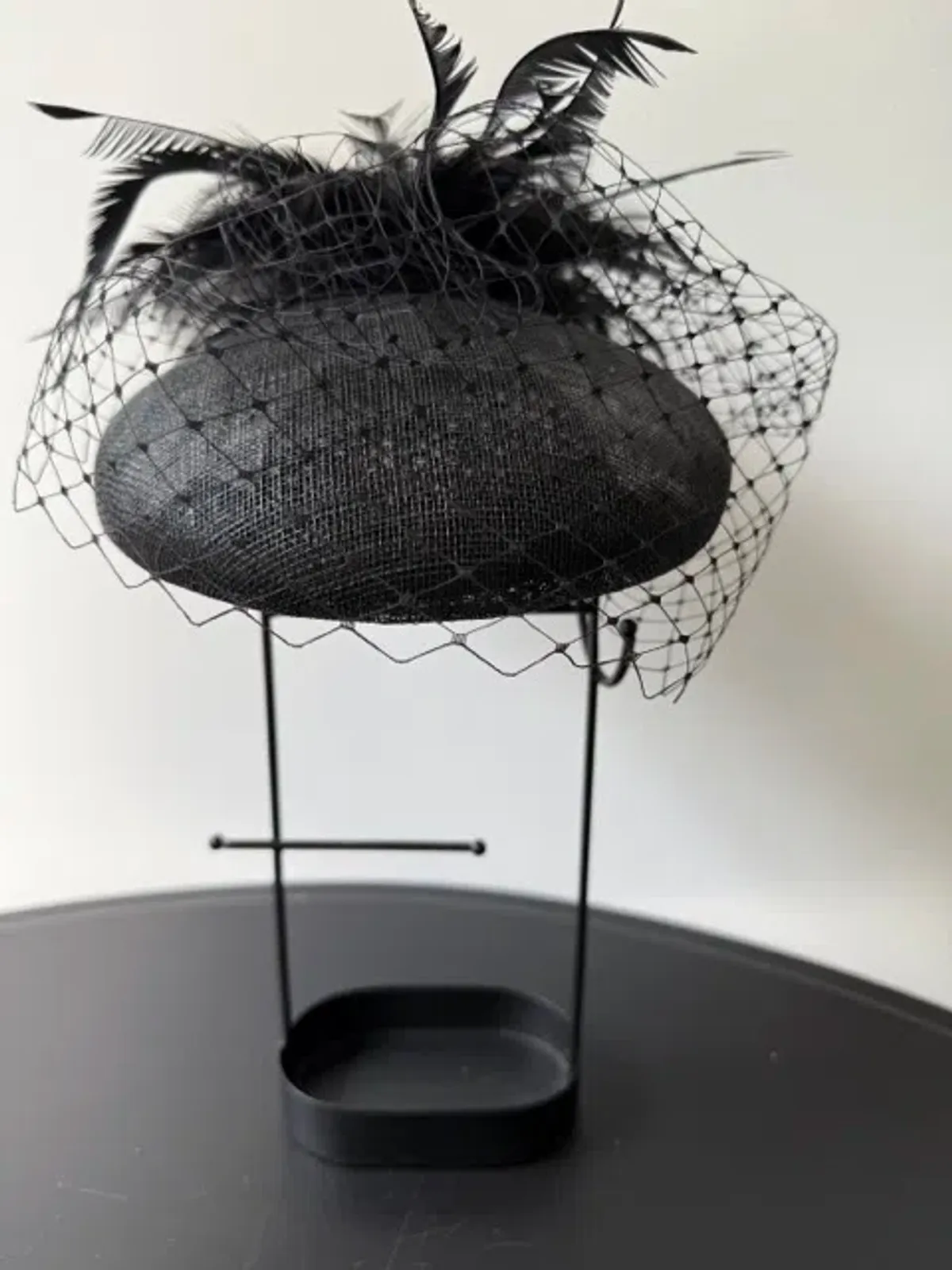 Morgan and Taylor Straw Beret Millinery with Feathers and Veil Black One Size for rent on The Volte - main image