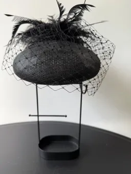 Morgan and Taylor Straw Beret Millinery with Feathers and Veil Black One Size for rent on The Volte - image 1