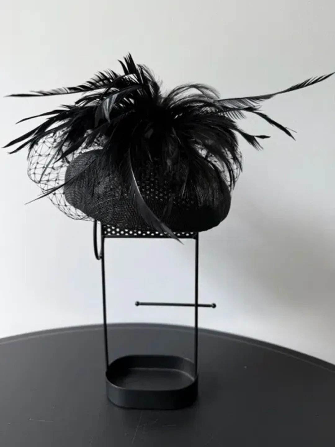 Morgan and Taylor Straw Beret Millinery with Feathers and Veil Black One Size for rent on The Volte - main image