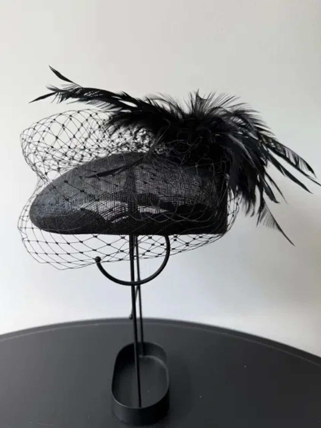 Morgan and Taylor Straw Beret Millinery with Feathers and Veil Black One Size for rent on The Volte - main image