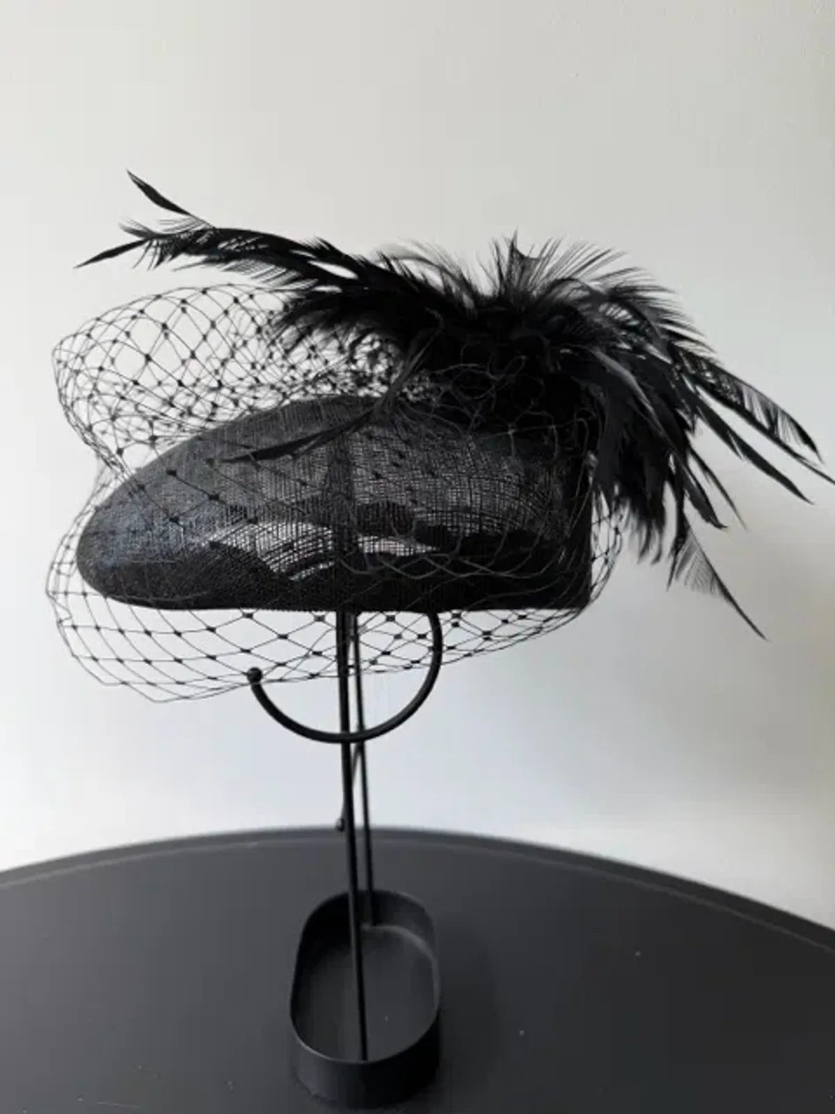 Morgan and Taylor Straw Beret Millinery with Feathers and Veil Black One Size - Image 2