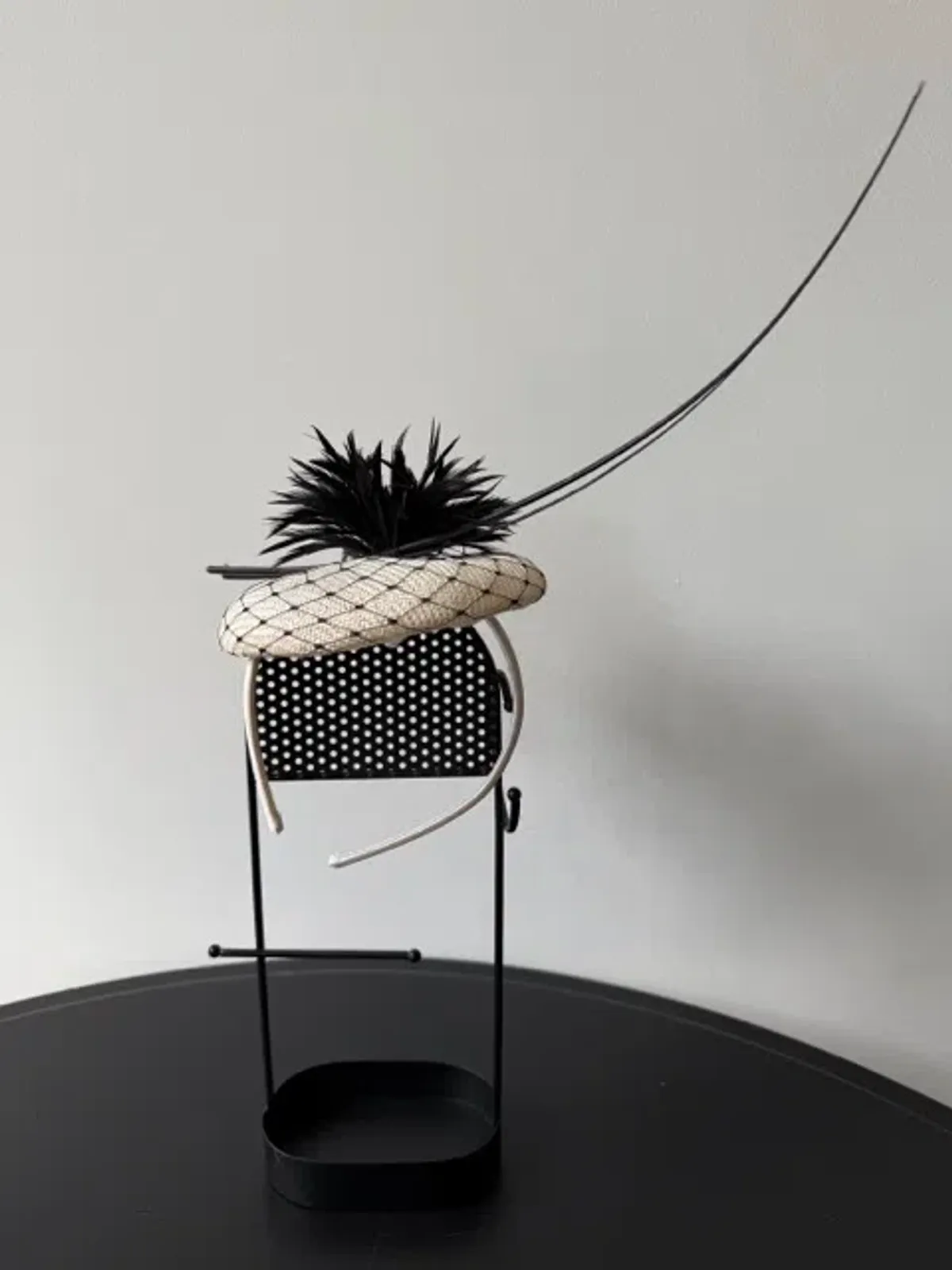 Olga Berg Small Raffia Beret Fascinator Black and White - Image 1