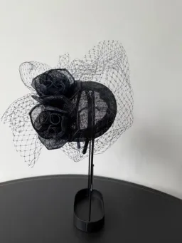 Millinery Headpiece With Raffia Flowers and Veil for rent on The Volte - image 2