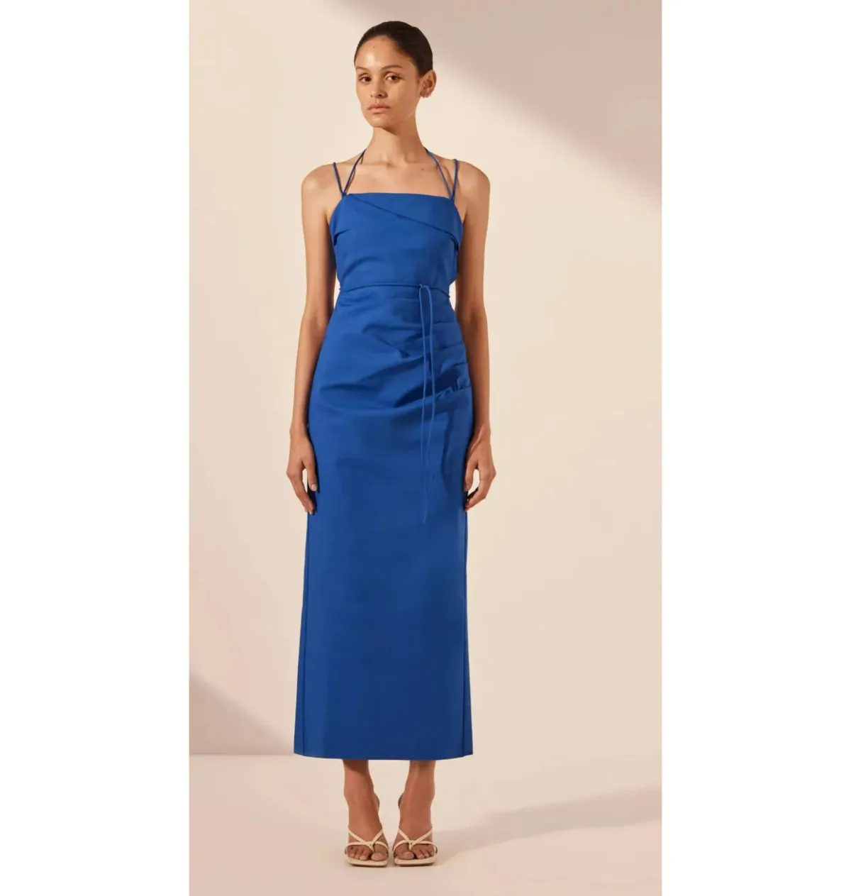 Shona Joy Lani Draped Cross Back Midi Dress Azure Blue Size AU 14 - Image 1